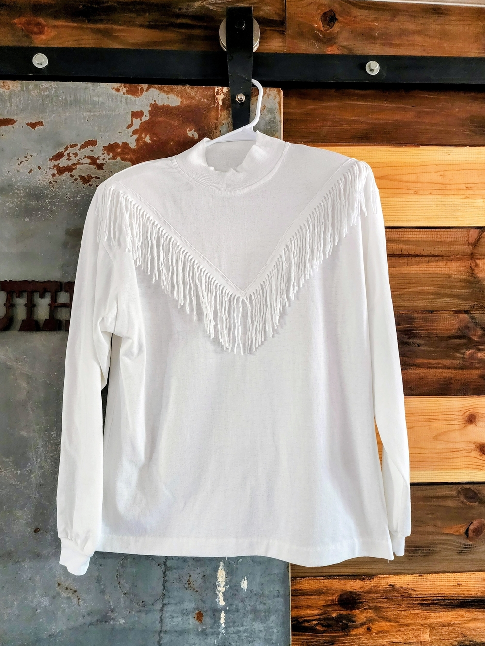 Vintage White Fringe V-Yoke Long Sleeve Top By K.W.B.L